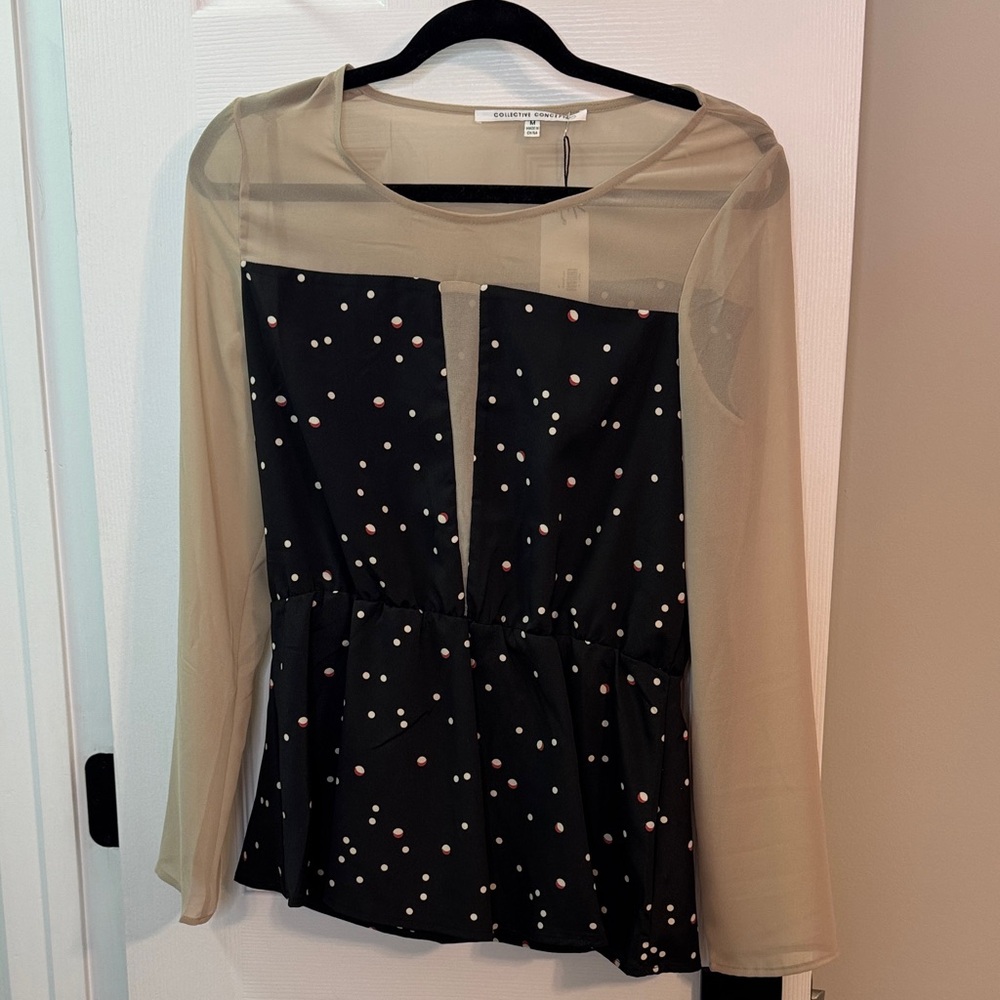 Collective Concepts Black and Beige Polka Dot Blouse
